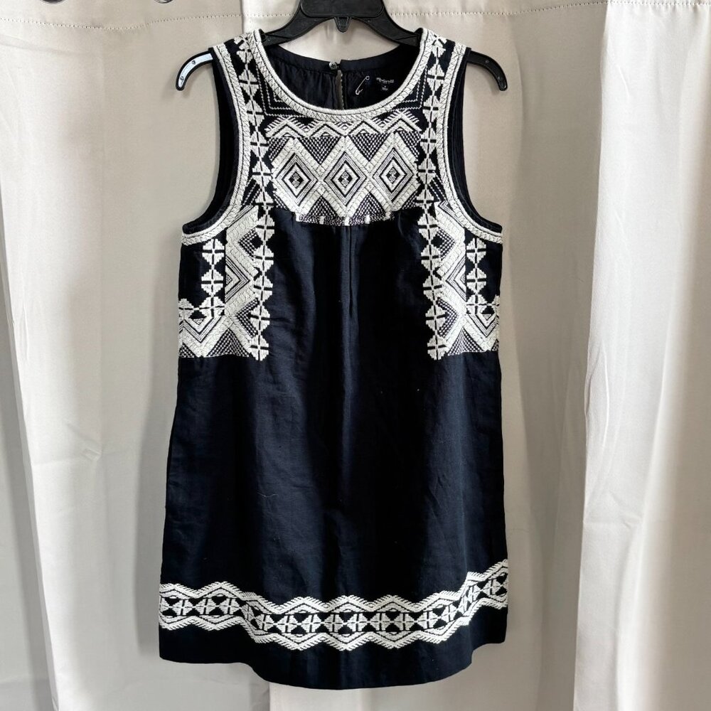 Madewell Stitchtake Dress Small Navy Blue Western Linen Blend Embroidered 18654x